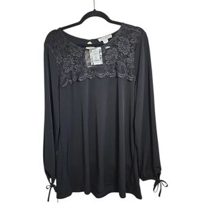 White House Black Market Black‎ Lace Yoke Sheer Tunic Top Womens XL Long Sleeve